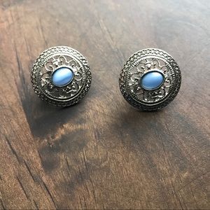 Silver Filigree & Blue Stone Vintage Earrings